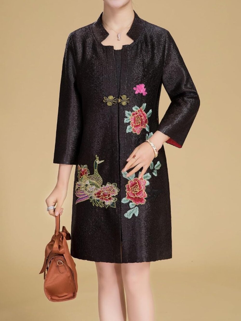Stylish Women's Crinkled Mandarin Duck Floral Embroidery One Button Blazer - Picture 2 of 6